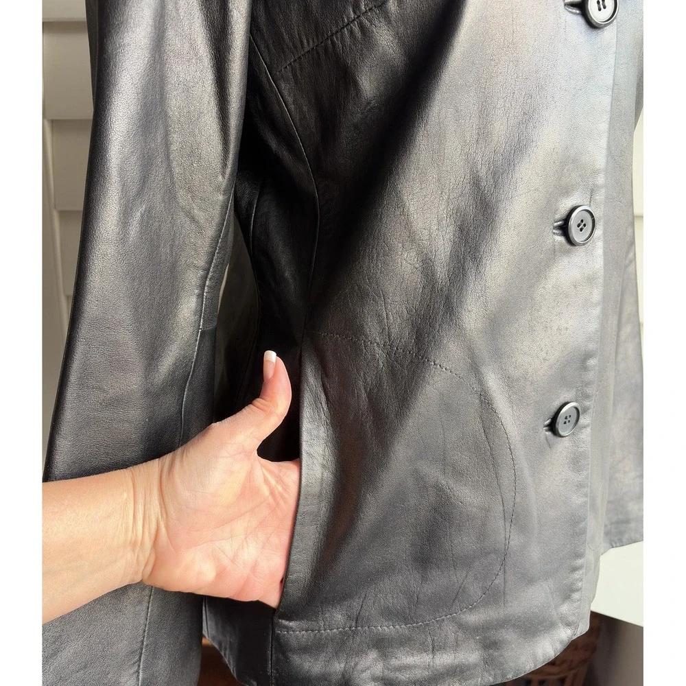 Vtg Wilsons Black Soft Leather Blazer Jacket Women S Tailored Career Y2K Classic
